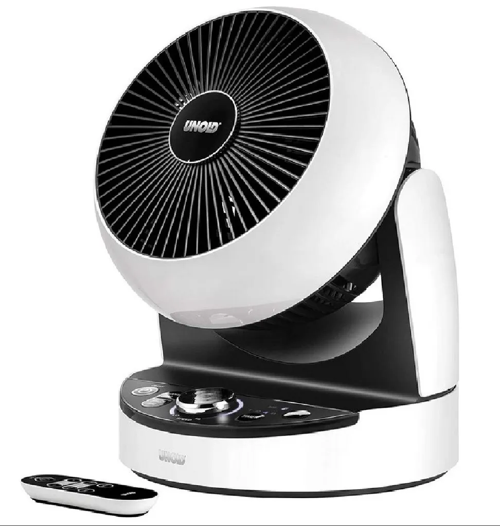 UNOLD 86840 TISCHVENTILATOR, 3D-Luftzirkulation, 8 Geschwindigkeitsstufen, Timer, 2 Lüftungsmodi, mit Fernbedienung, Ventilatordurchmesser 17 cm, Kunststoff, Weiß/Schwarz